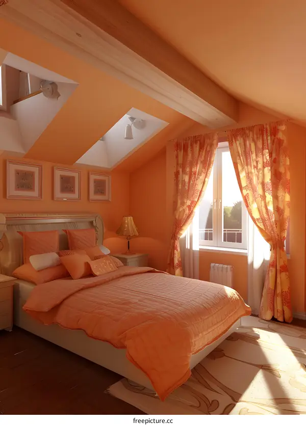 Orange Bedroom Interior Design with Skylights and Curtains