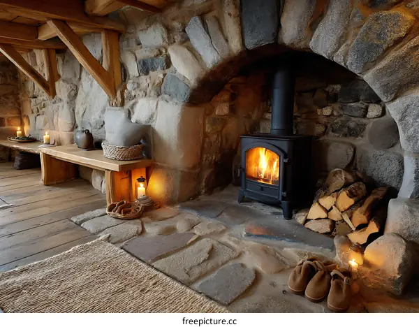 Rustic Stone Fireplace with Wooden Beams