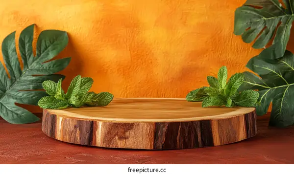 Wooden Slice Display with Tropical Leaves