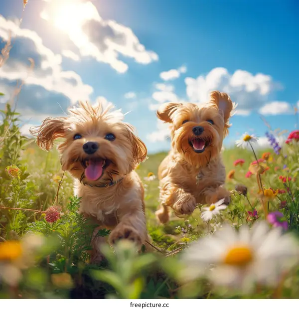 Two happy dogs running in a field of flowers on a sunny day