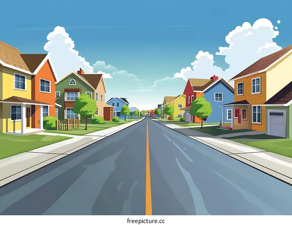 Suburban Street Houses Landscape Illustration
