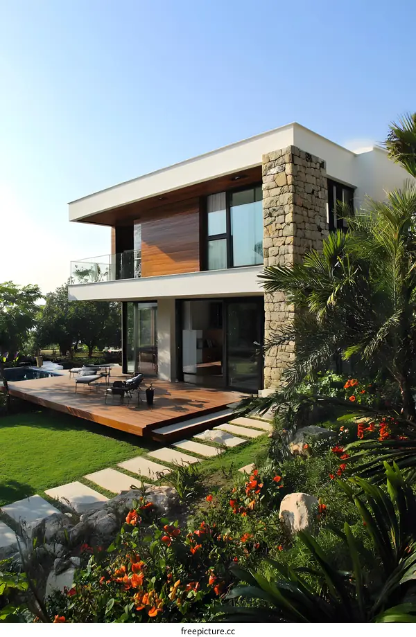 Modern Minimalist House With Stone Wall And Wood Deck