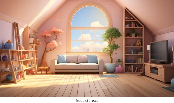 Pink and Cozy Attic Living Room with Large Window