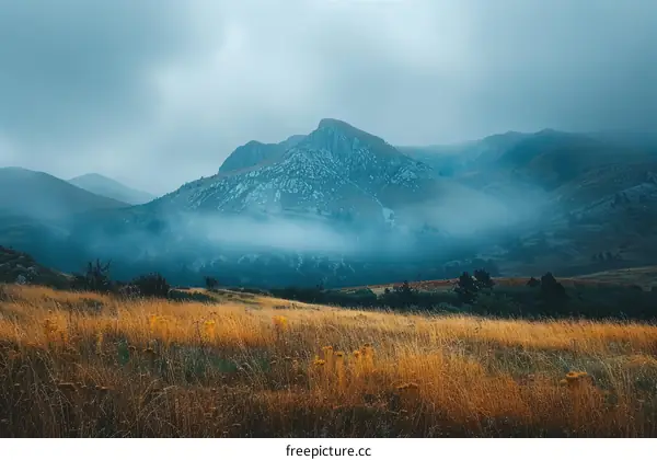 mountain landscape with fog and tall grass in the foreground