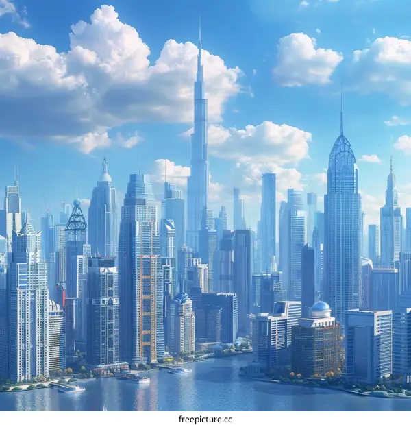 Futuristic Cityscape with Tower and River