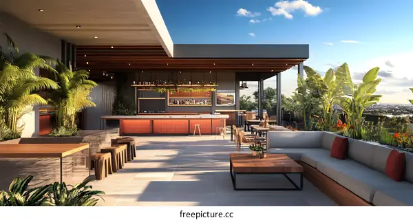 Modern Rooftop Bar Design With Tropical Plants