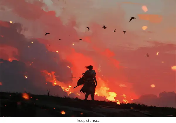 Warrior Standing Amidst Fiery Landscape at Sunset