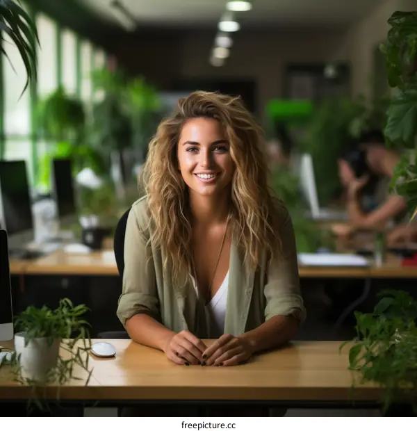 portrait of a young woman sitting at her desk in an office full of plants