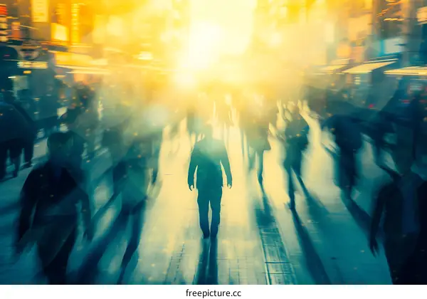 Silhouettes of People Walking in the City with a Glowing Light in the Background