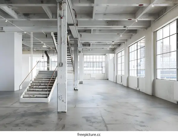 Empty Industrial Loft Space with Large Windows and Concrete Floor
