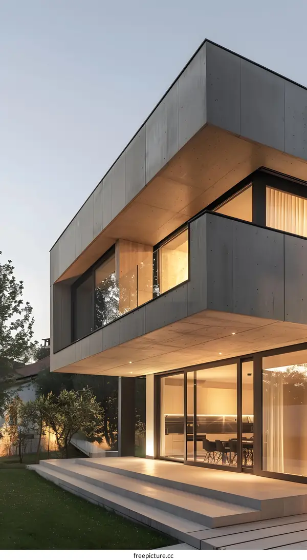 Modern Concrete House with Large Windows and Glass Balcony