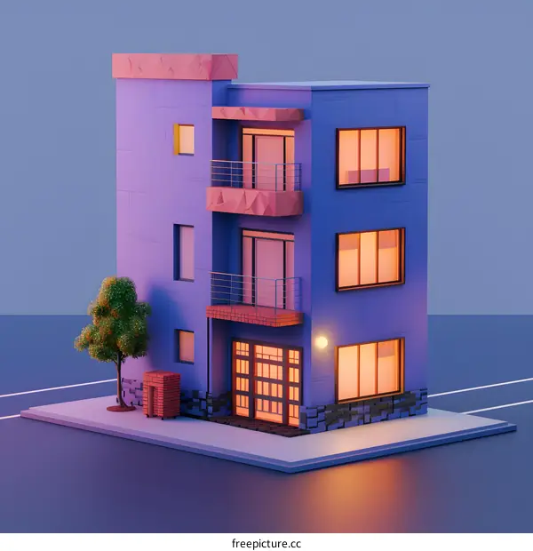 Low Poly Building With Window Lights And Tree