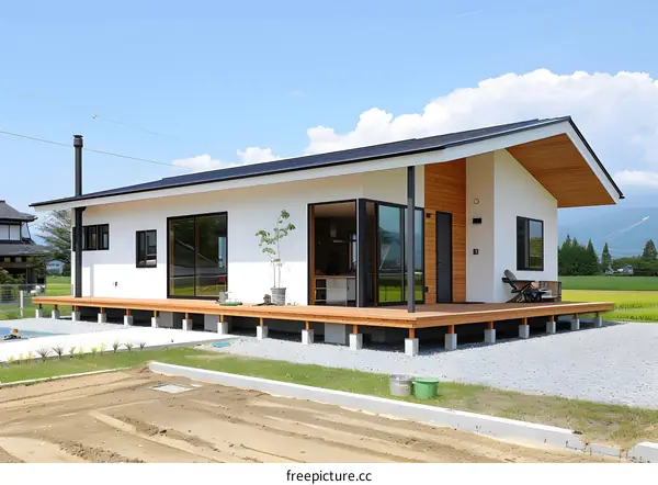 Modern White House with Wooden Deck and Patio