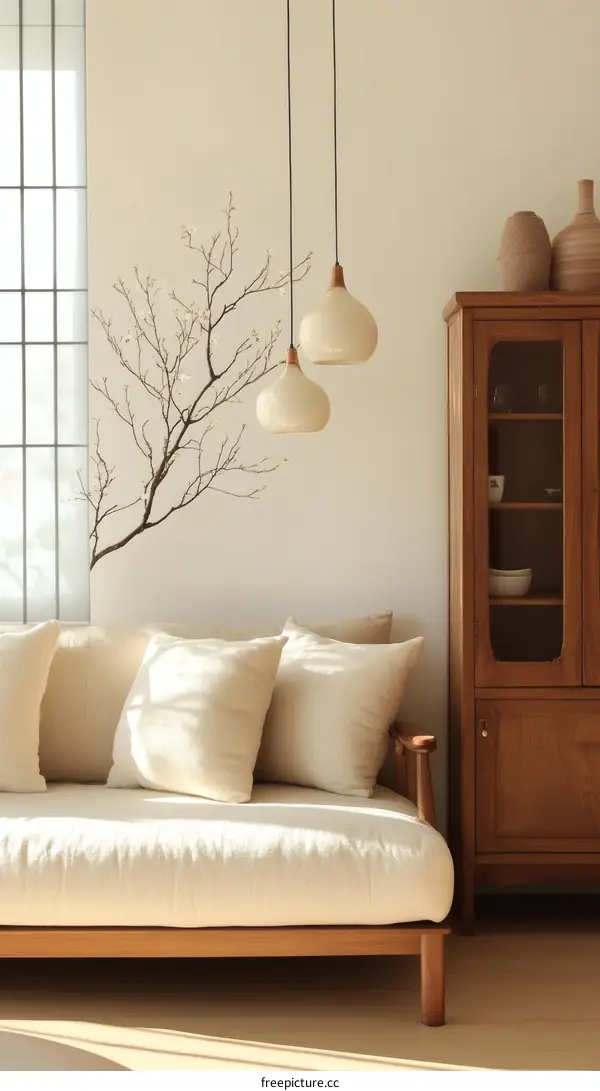 Modern Beige Living Room with Wooden Furniture and Pendant Lights