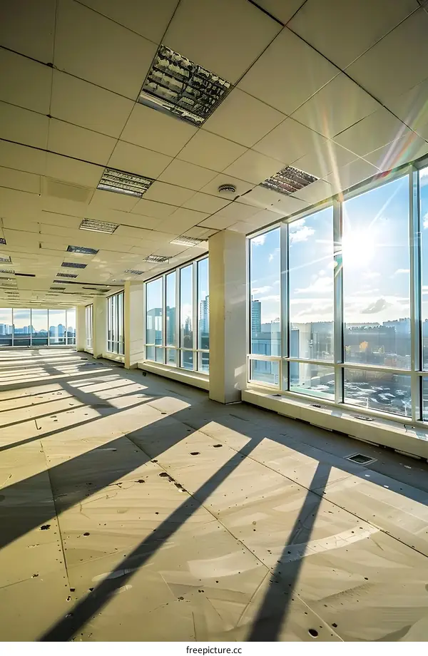 Empty Office Space with Large Windows and Sun Shining Through