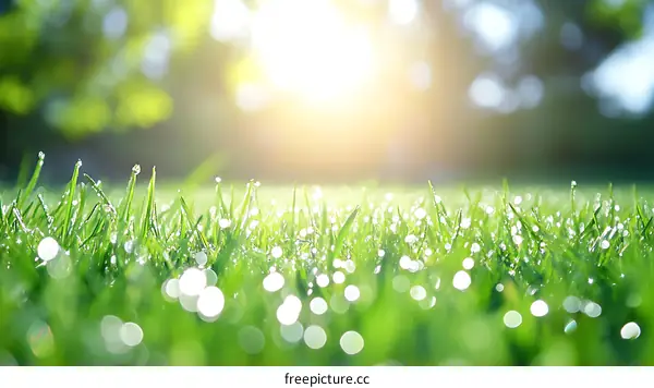 Dewy Grass in Sunlight Morning Scene