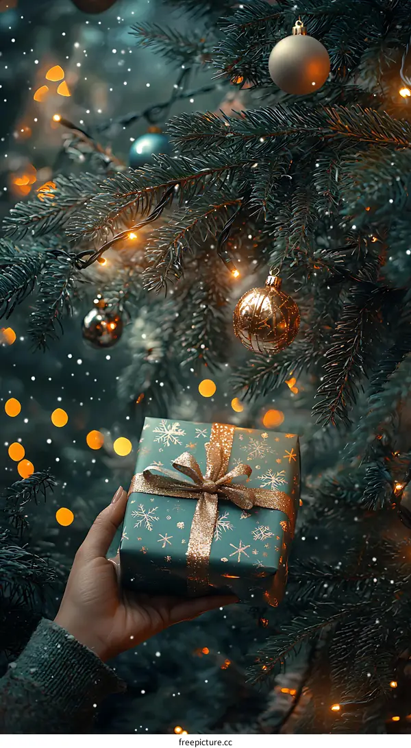 Christmas Gift in a Hand Holding Festive Tree Decorations