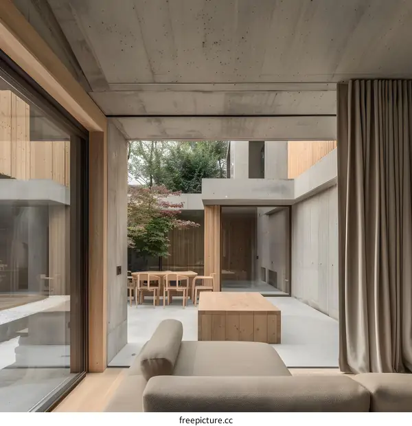 Modern Minimalist Home Interior Design With Concrete Walls And Wooden Beams