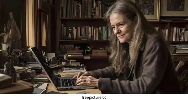 Woman Working on Laptop in a Library