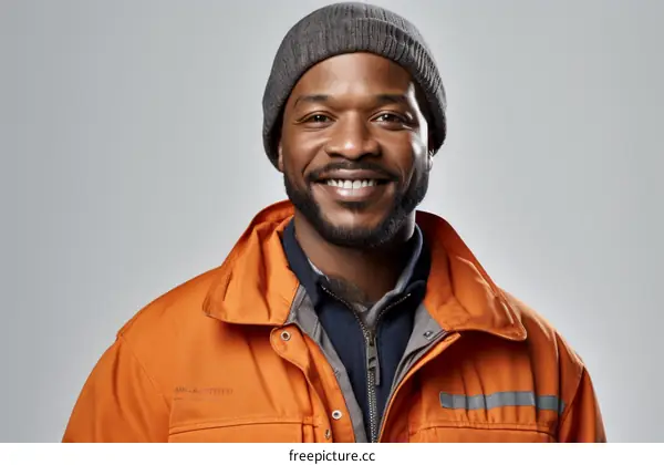 portrait of a smiling African-American man wearing an orange jumpsuit