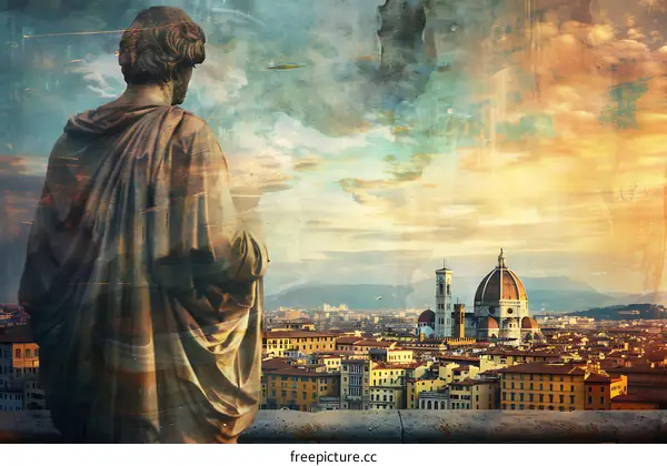 Vintage Style Cityscape with Statue and a View of Florence Cathedral