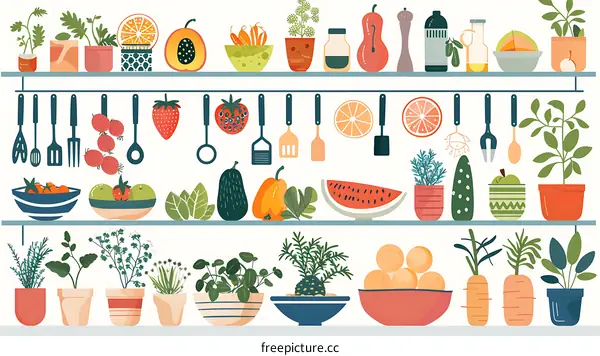 Kitchen Utensils and Fresh Produce Illustration