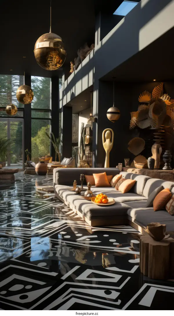 Modern living room interior design with large windows and stylish furniture