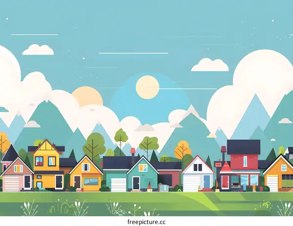 Flat Design Illustration Of A Small Town With Mountains In The Background