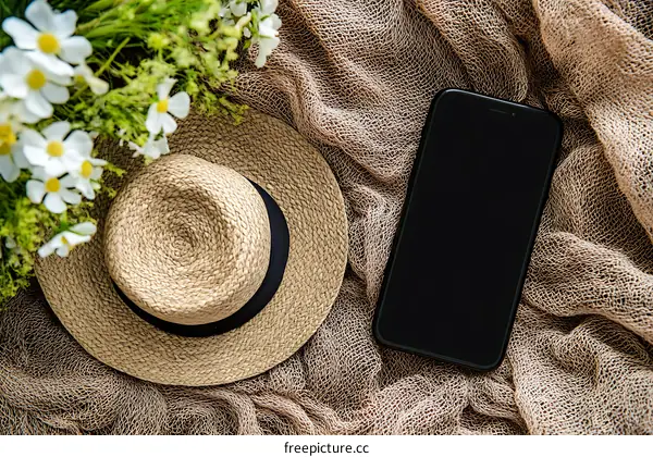 Straw Hat, Phone, and Flowers on a Brown Fabric Background