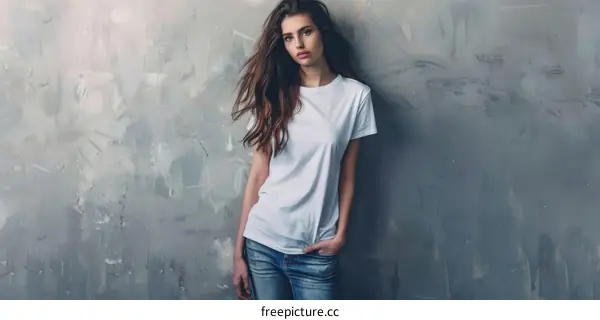 Beautiful young woman in casual clothes posing near the wall