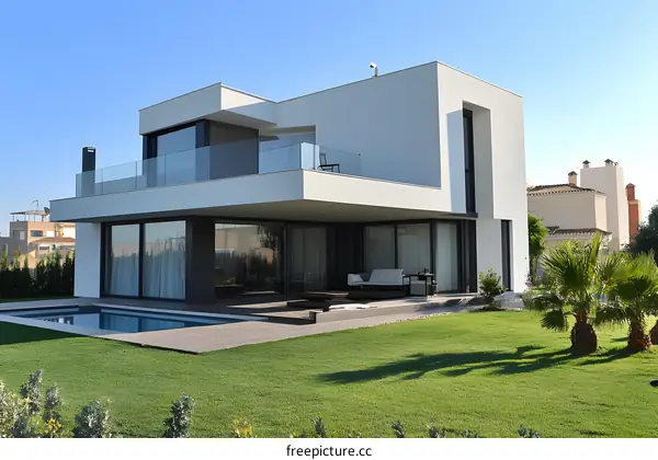Modern White House with Swimming Pool and Palm Trees
