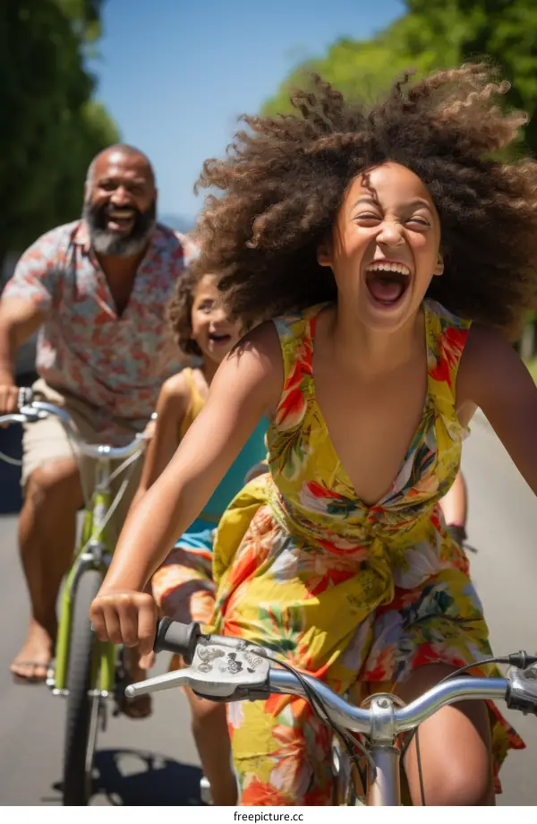 Family of three riding bicycles together