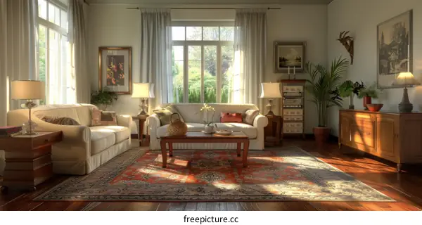 Retro home interior living room with white sofa and wooden table
