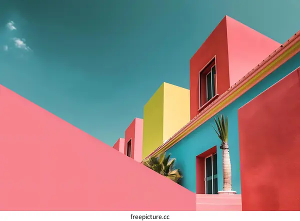 Colorful Building Design with Geometric Shapes and Minimalist Text