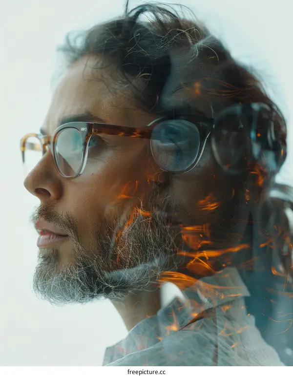 Portrait of a Man with Glasses Surrounded by Flames