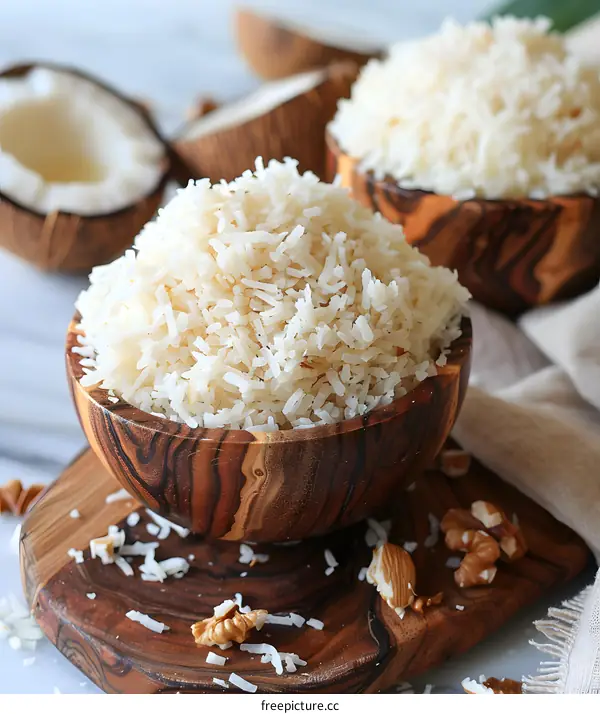 A wooden bowl filled with white rice sits on a table. There are coconut shells and almonds scattered on the table.