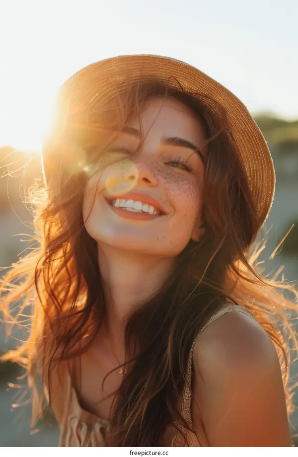Happy Woman Wearing Straw Hat Under Sunshine