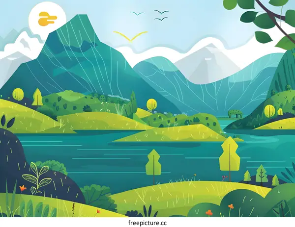 Illustrated Green Landscape with Mountains, Lake and Sun