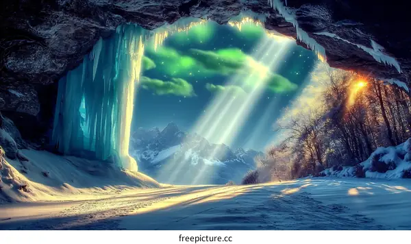 Winter Wonderland Scene Through Cave Entrance