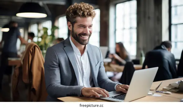 Confident businessman working on laptop in modern office
