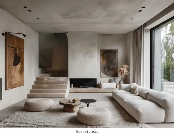 Modern minimalist living room with neutral palette and accent colors