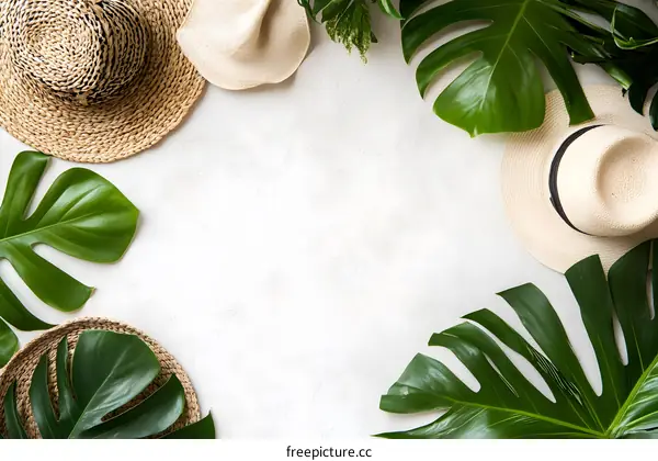 Summer Tropical Background With Hats and Monstera Leaves