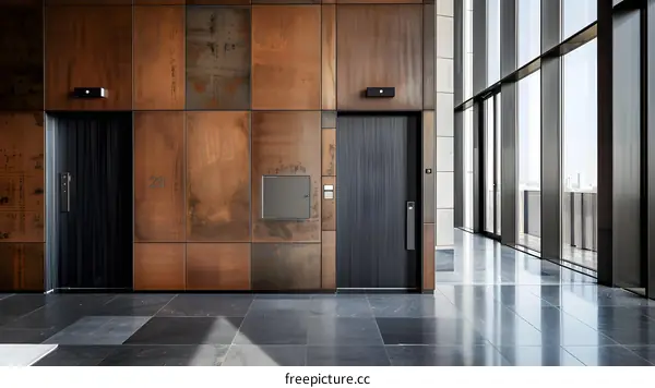 Modern Office Building Interior Design With Large Windows And Black Doors