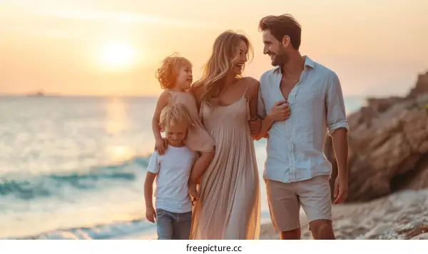 Family of four walking on the beach at sunset
