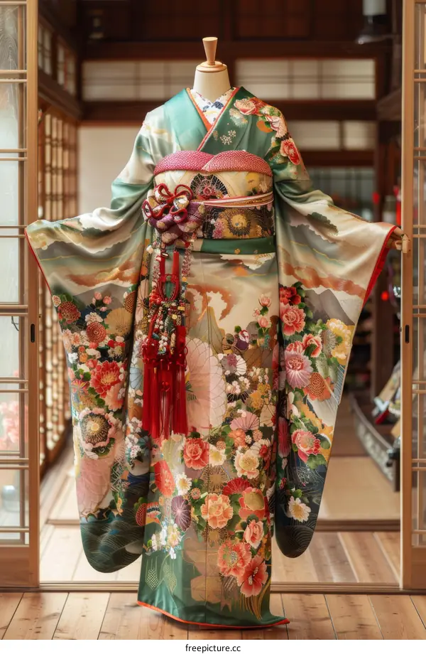 A kimono with a floral pattern and a red obi