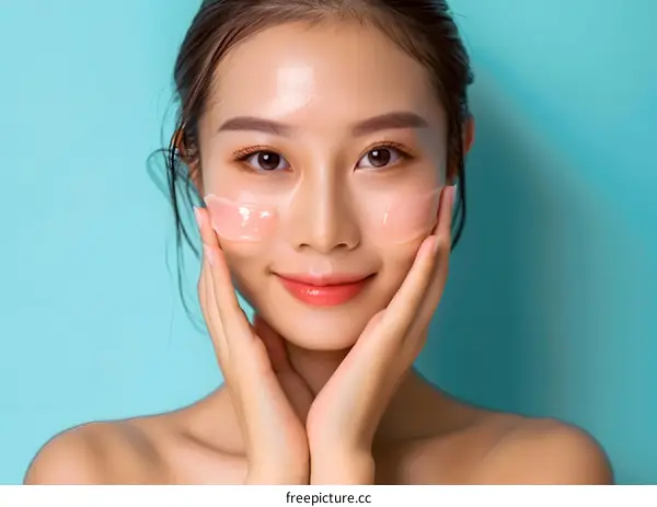 Smiling Asian Woman Applying Face Mask on Blue Background