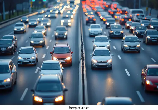 Vehicles Stuck in Evening Rush Hour Traffic on Busy City Highway