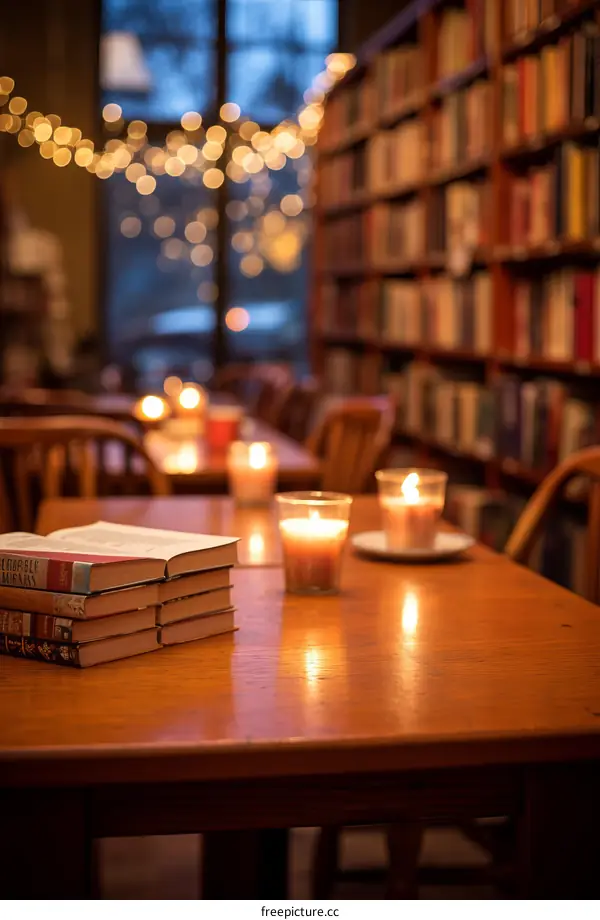 Books and candles on a library table