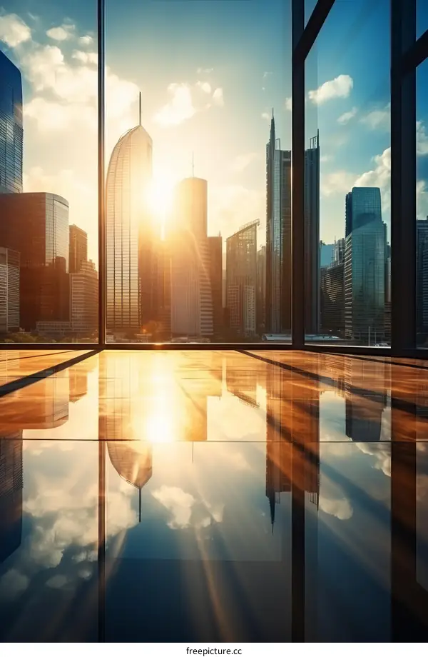 Modern urban skyline with sun reflecting off mirrored skyscrapers
