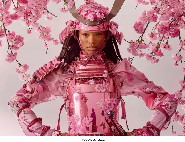 Black woman wearing a pink samurai armor with cherry blossoms